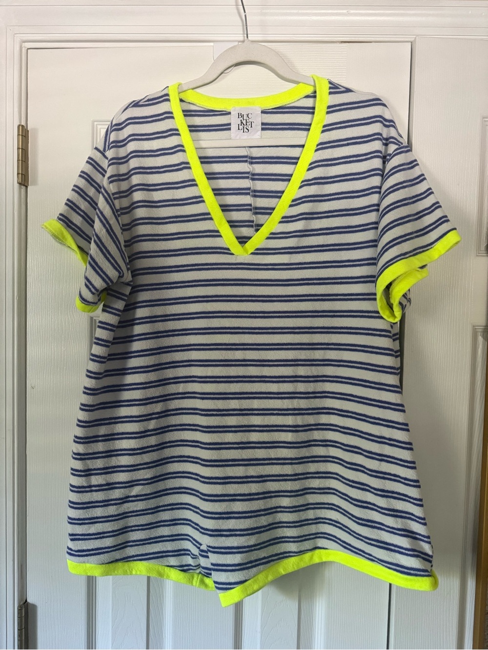 BUCKETLIST Blue & White Striped V-Neck Top with Neon Yellow Trim